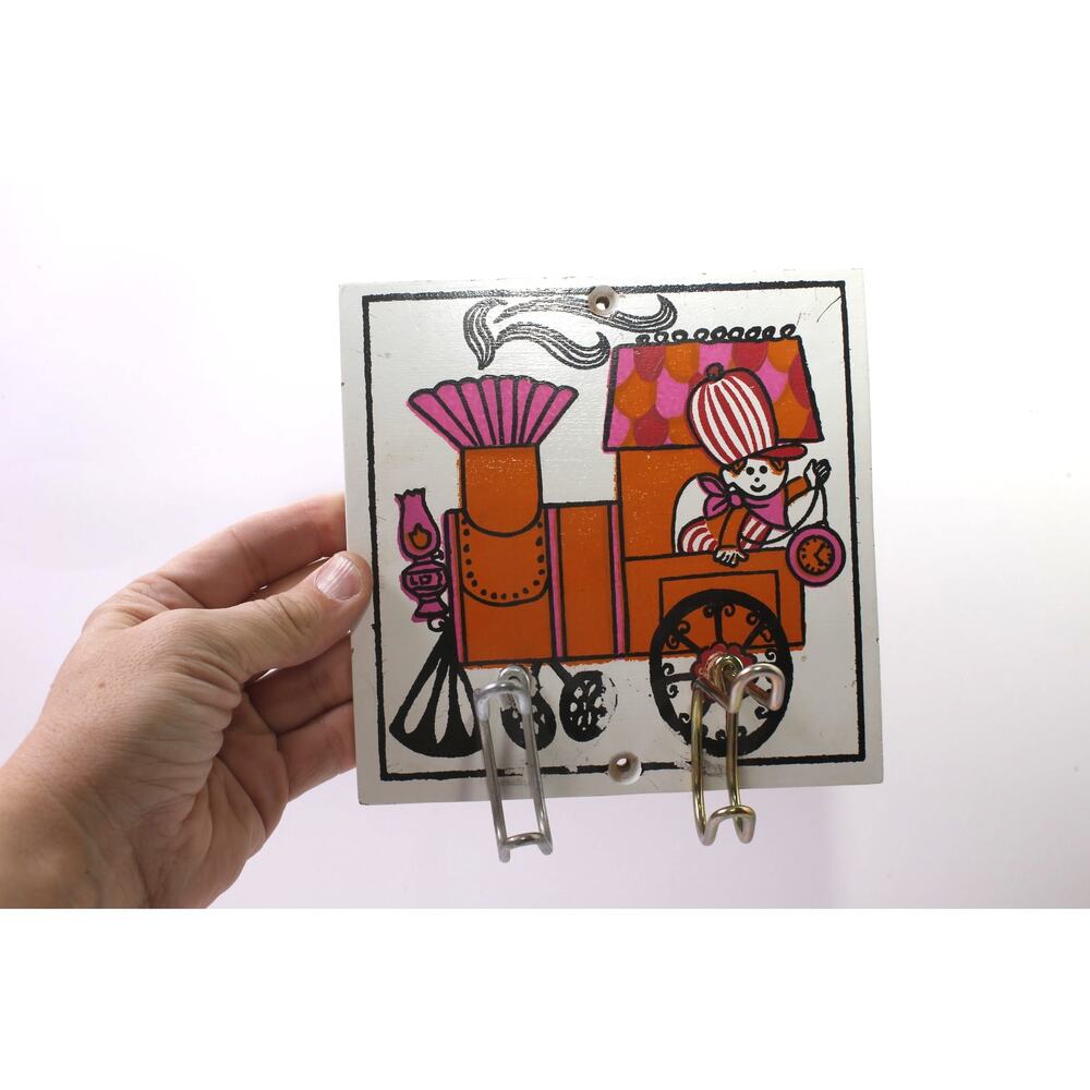 70s Funny Locomotive, Coat Rack, 2 Hooks, Hangers, Railway, Wall Mount, Nursery,